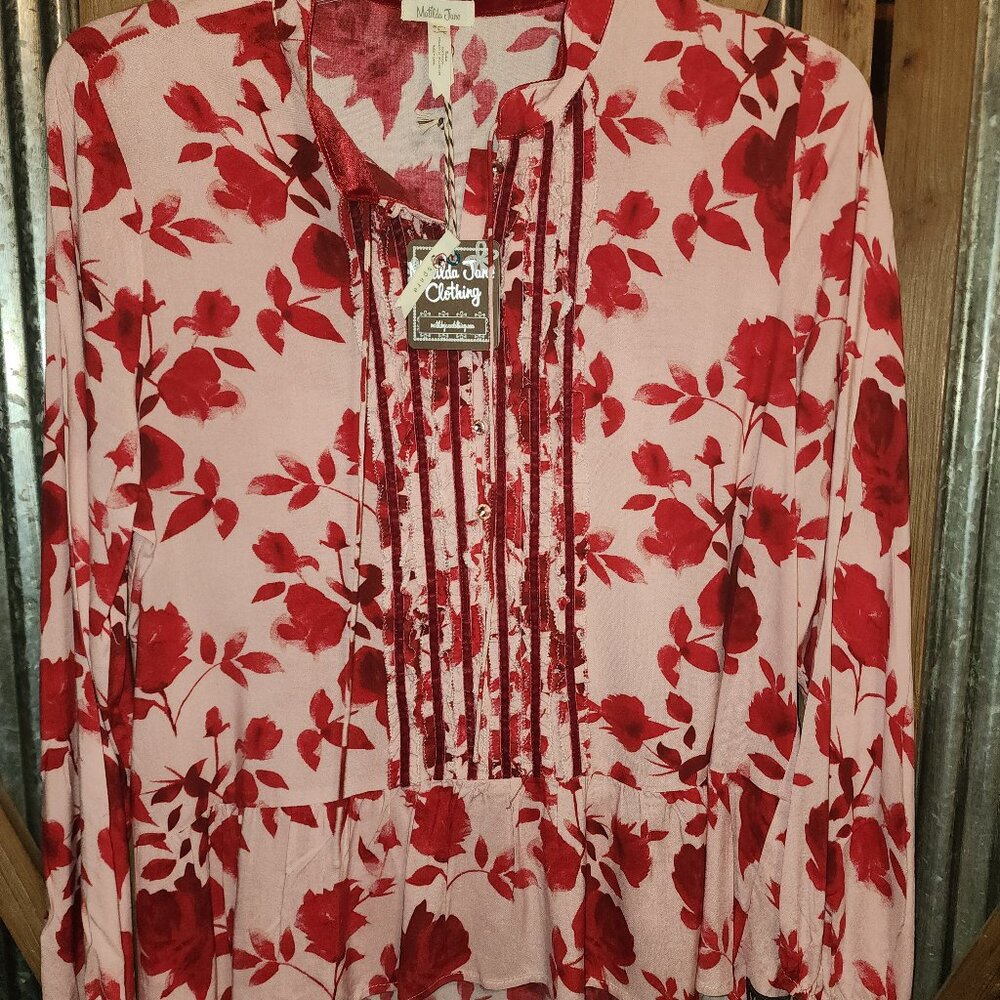 NWT~MATILDA JANE~Pink & Red Rose Print Blouse~Large